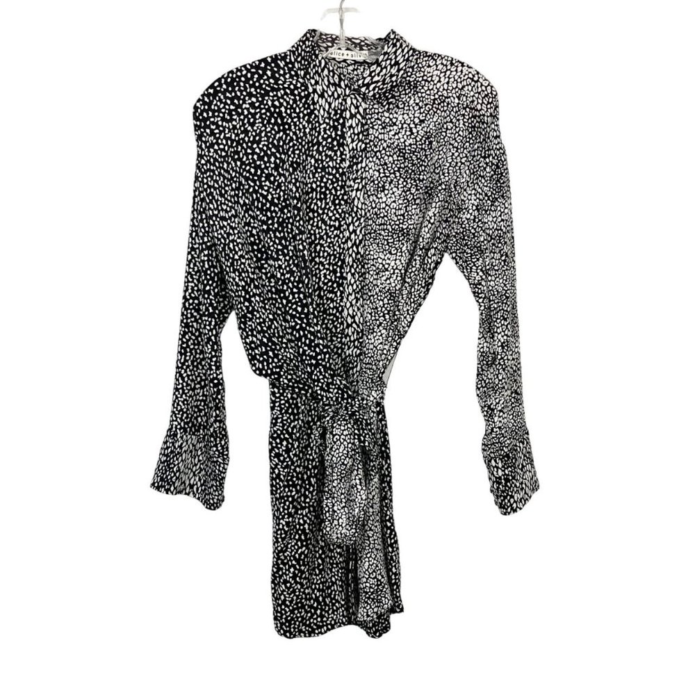 Alice + Olivia Jodie Collared Shirt Dress Wrap Belt Black White Leopard‎ Size 0